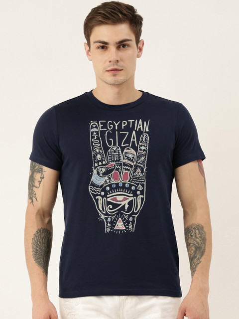 

QUANCIOUS Men Navy Blue Printed Round Neck Organic Cotton Sustainable T-shirt