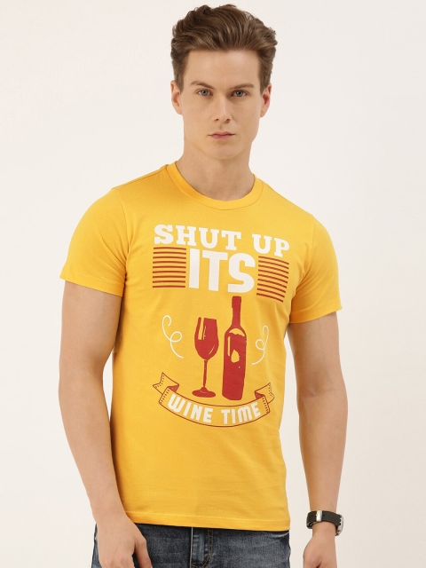 QUANCIOUS Men Mustard Yellow & Red Printed Round Neck Organic Cotton Sustainable T-shirt