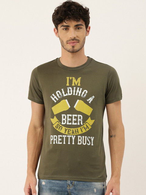 

QUANCIOUS Men Olive Green Printed Round Neck Sustainable T-shirt