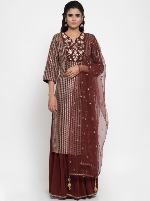 

KHALOM Women Maroon Embroidered Kurti with Palazzos & Dupatta