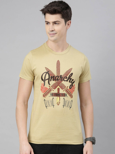 

QUANCIOUS Men Beige Printed Round Neck T-shirt