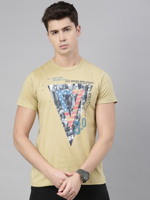 

QUANCIOUS Men Beige Grey Printed Round Neck Organic Cotton Sustainable T-shirt