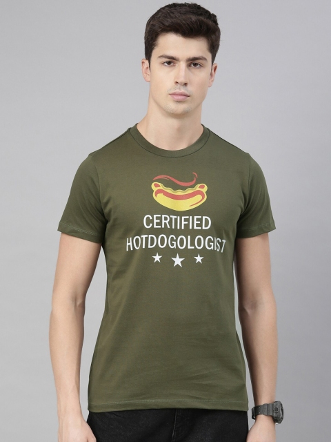 

QUANCIOUS Men Olive Green Printed Round Neck T-shirt