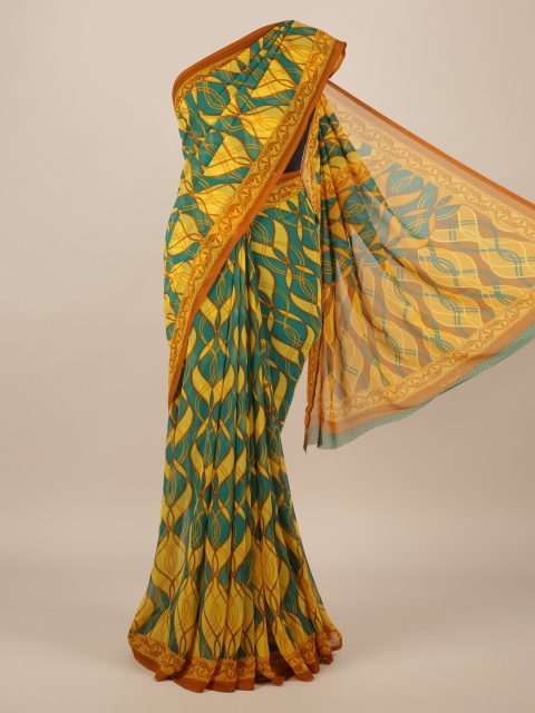 

Pothys Teal & Yellow Poly Chiffon Printed Saree