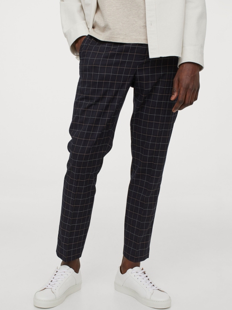 

H&M Men Blue Checked Slim Fit Cigarette Trousers