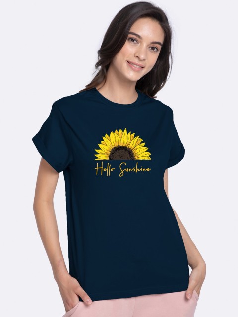 

Bewakoof Women Blue Printed Cotton Round Neck Pure Cotton T-shirt