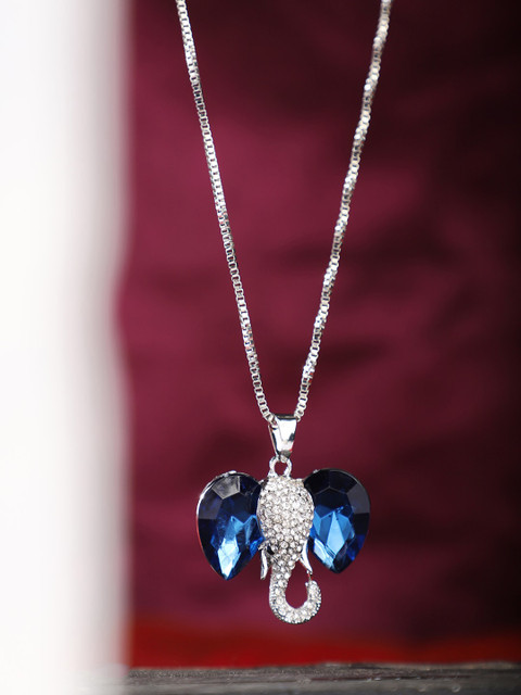 

Styylo Fashion Silver-Plated Blue & White AD-Studded Elephant-Shaped Handcrafted Pendant With Chain