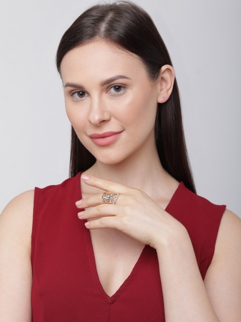 

shaze Gold-Toned White CZ-Studded Adjustable Textured Finger Ring