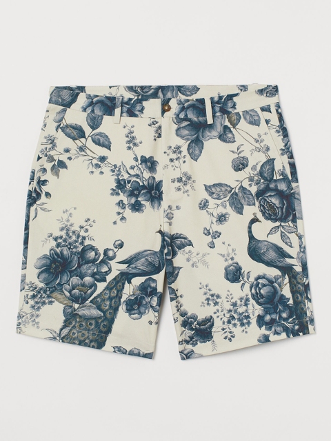 

H&M Men Off-White & Navy Blue Patterned Chino Shorts