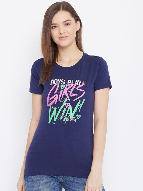 

Bishop Cotton Women Navy Blue Printed Round Neck T-shirt