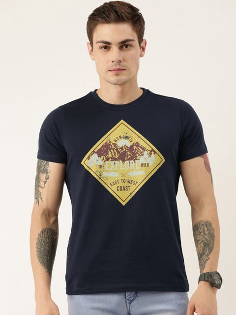 

QUANCIOUS Men Navy Blue Printed Round Neck Organic Cotton Sustainable T-shirt