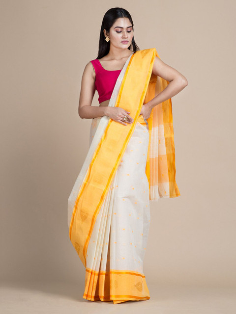 

Mitera White Pure Cotton Woven Design Taant Saree