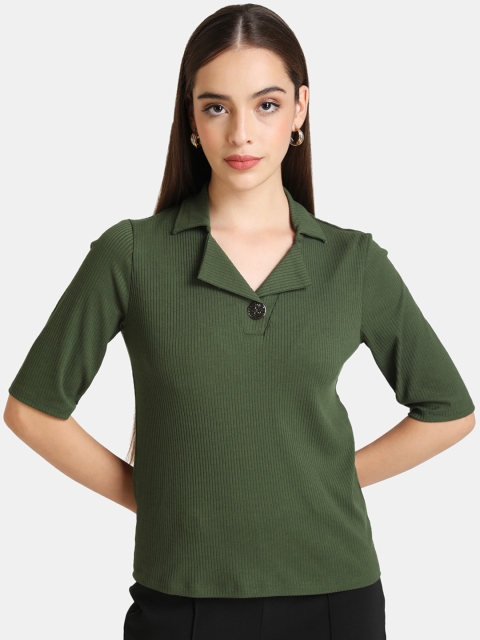 

Kazo Women Olive Green Self Striped Notched Lapel Collar T-shirt
