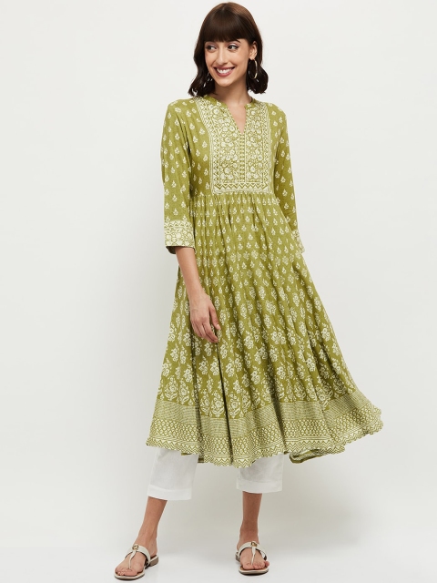 

max Women Green & Off White Ethnic Motifs Printed Anarkali Kurta