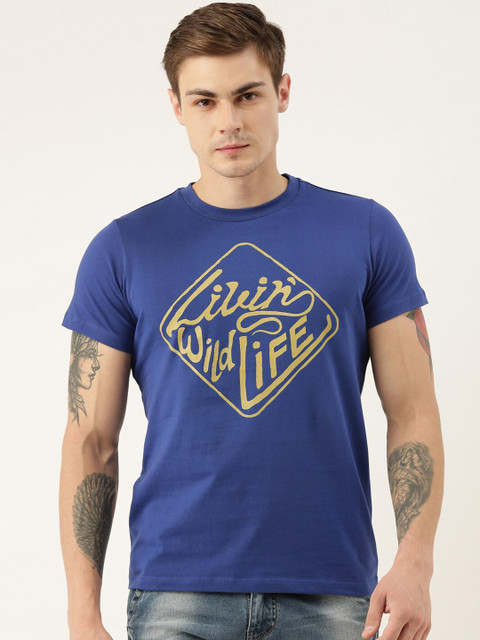 

QUANCIOUS Men Blue Printed Round Neck Organic Cotton Sustainable T-shirt