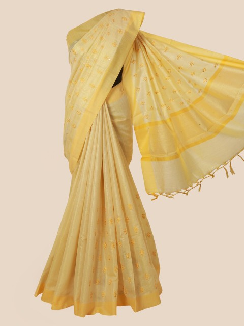 

Pothys Yellow & Cream-Coloured Tissue Floral Embroidered Saree
