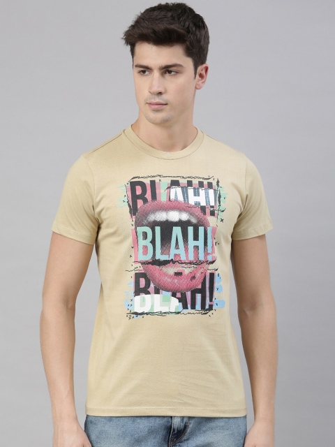 

QUANCIOUS Men Beige Printed Round Neck Organic Cotton T-shirt