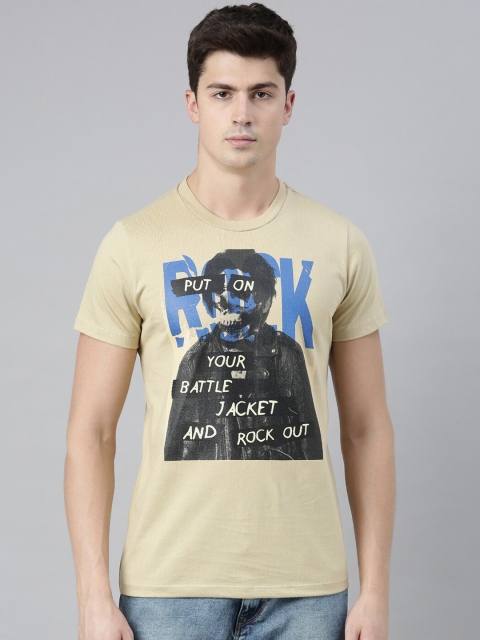

QUANCIOUS Men Beige & Black Printed Round Neck Organic Cotton T-shirt