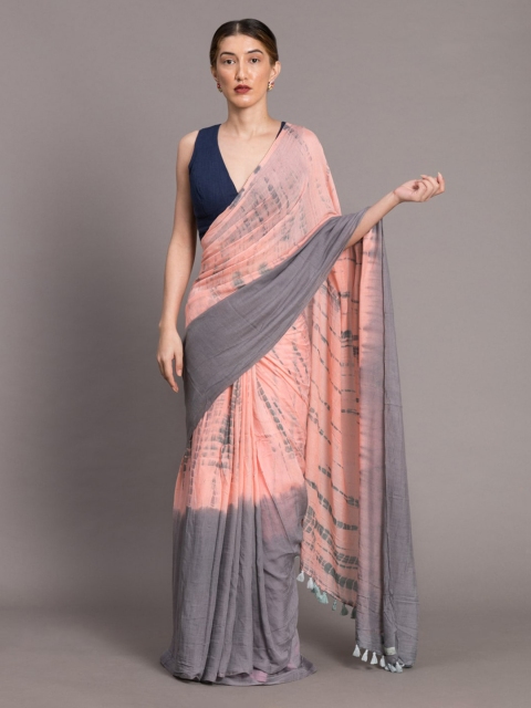 

Suta Peach-Coloured & Grey Cotton Blend Dyed Saree