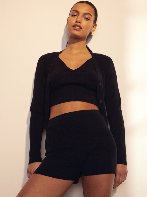 

H&M Women Black Solid Rib-Knit Shorts