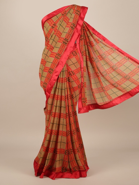 

Pothys Brown & Orange Poly Chiffon Checked Saree