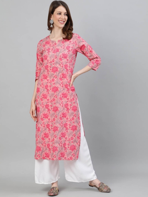 

Ishin Women Pink & Grey Floral Printed Kurta