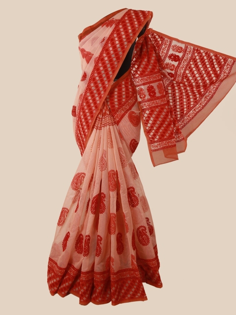 

Pothys Peach-Coloured & Red Supernet Printed Saree
