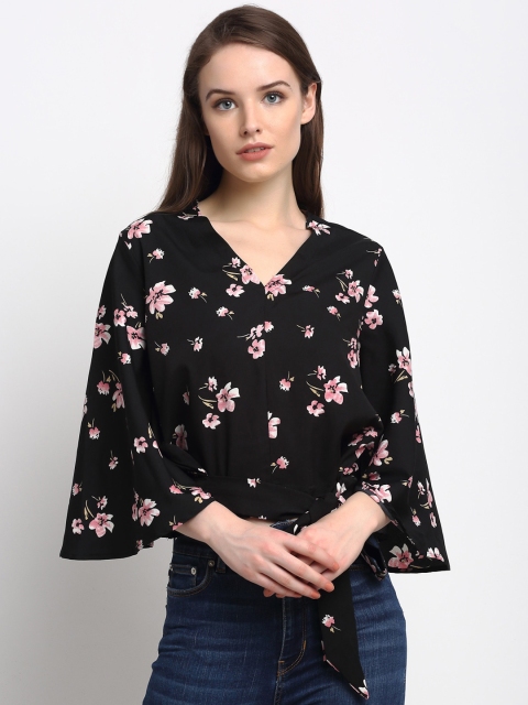 

Just Wow Black & Pink Floral Printed Bell Sleeves Crepe Regular Top