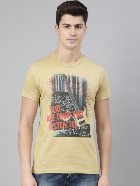 

QUANCIOUS Men Beige Striped Polo Collar Sustainable T-shirt