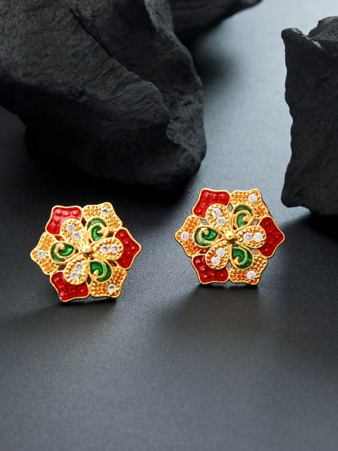 

aadita Red & Gold-Plated American Diamond Studded Circular Studs
