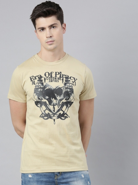 

QUANCIOUS Men Beige Printed Round Neck Organic Cotton T-shirt