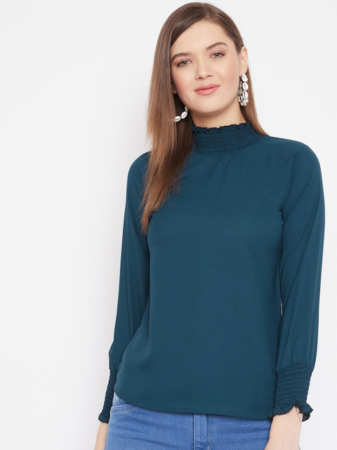 

Purple Feather Teal Green Puff Sleeves Crepe Top