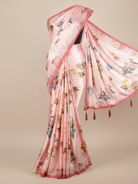 

Pothys Pink & Blue Satin Floral Printed Saree