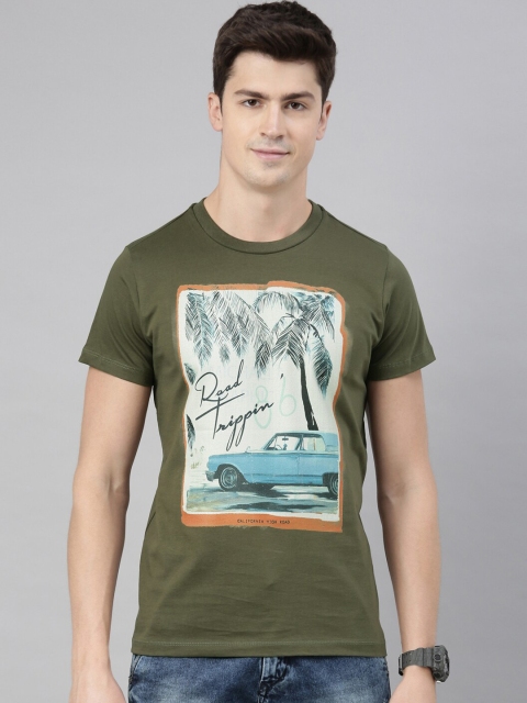 

QUANCIOUS Men Olive Green & Blue Round Neck Organic Cotton T-shirt