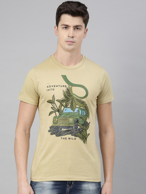 

QUANCIOUS Men Beige Printed Round Neck Sustainable T-shirt