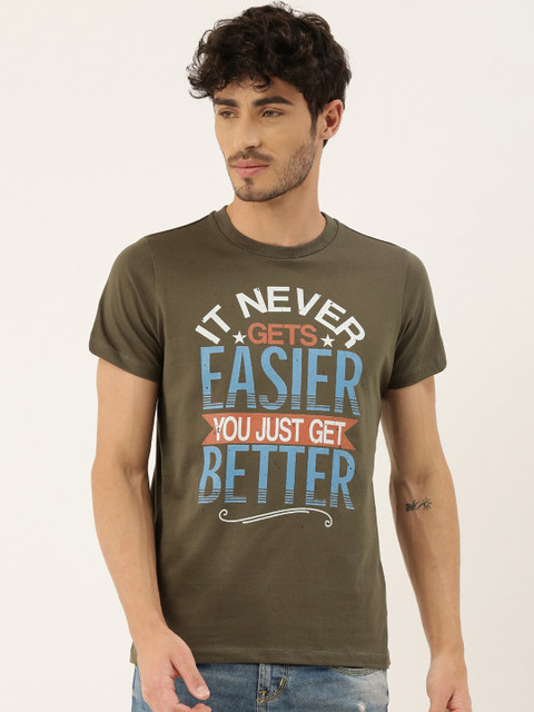 

QUANCIOUS Men Olive Green Printed Round Neck Sustainable T-shirt