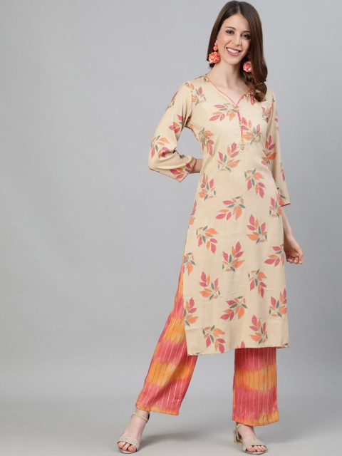

Ishin Women Beige & Pink Zari Embroidered Kurta with Trousers