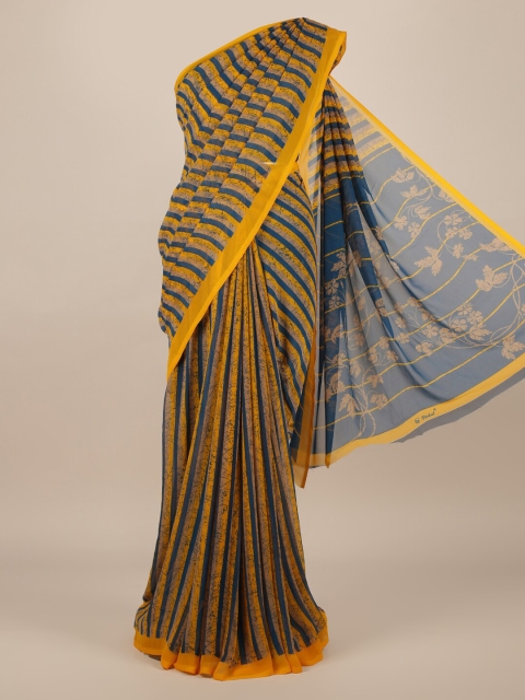 

Pothys Yellow & Blue Poly Chiffon Striped Saree