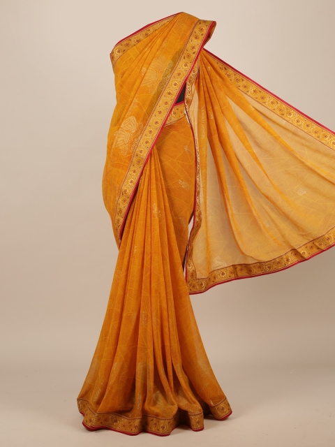 

Pothys Mustard Yellow & Pink Poly Chiffon Woven Design Saree