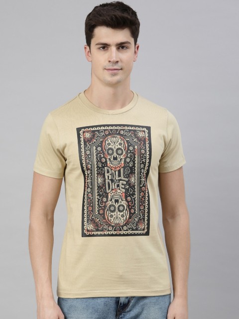 QUANCIOUS Men Beige Printed Round Neck Sustainable T-shirt