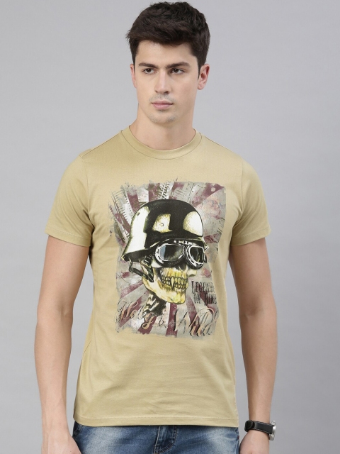 

QUANCIOUS Men Beige Printed Round Neck Organic Cotton T-shirt