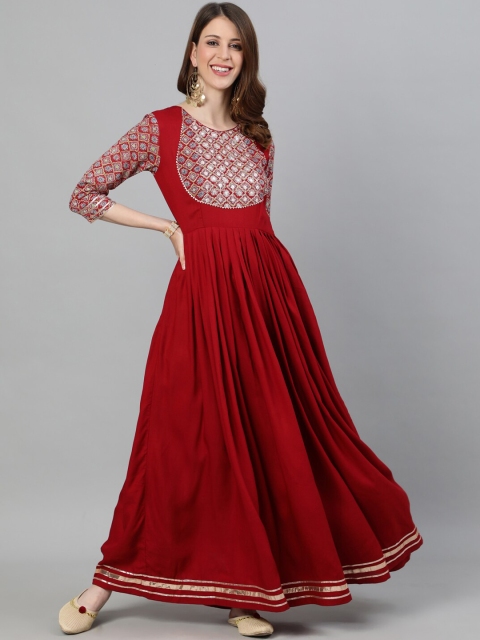 

Ishin Women Maroon Ethnic Motifs Yoke Design Anarkali Kurta