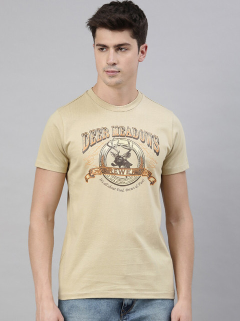 

QUANCIOUS Men Beige Printed Round Neck T-shirt