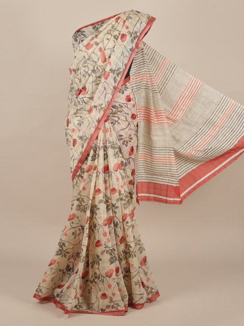 Pothys Cream-Coloured & Red Jute Silk Printed Saree
