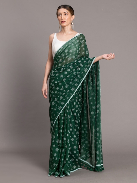 

Suta Green & Off-White Pure Cotton Snowflakes Printed Saree