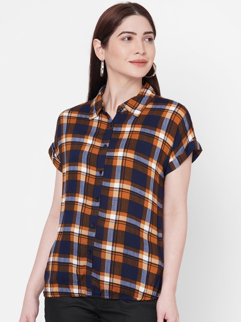 

109F Yellow & Orange Checked Shirt Style Top
