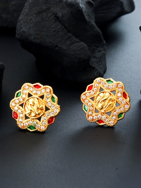

aadita Red & Gold-Plated American Diamond Studded Circular Studs