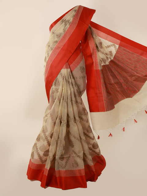 

Pothys Cream-Coloured & Red Supernet Woven Design Saree