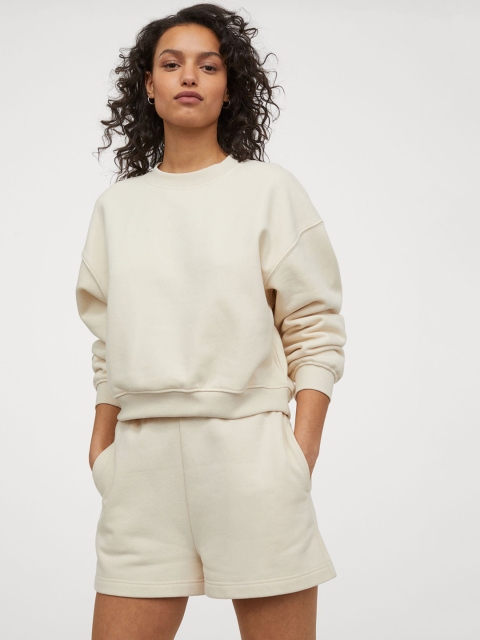 

H&M Women White & Beige Sweatshirt Shorts
