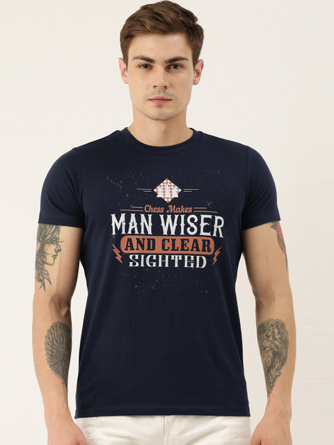 

QUANCIOUS Men Navy Blue Printed Round Neck Organic Cotton Sustainable T-shirt